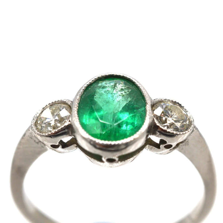 1950s Platinum, Emerald and Diamond Three Stone Bezel Ring | Parkin and Gerrish | Antique & Vintage Jewellery
