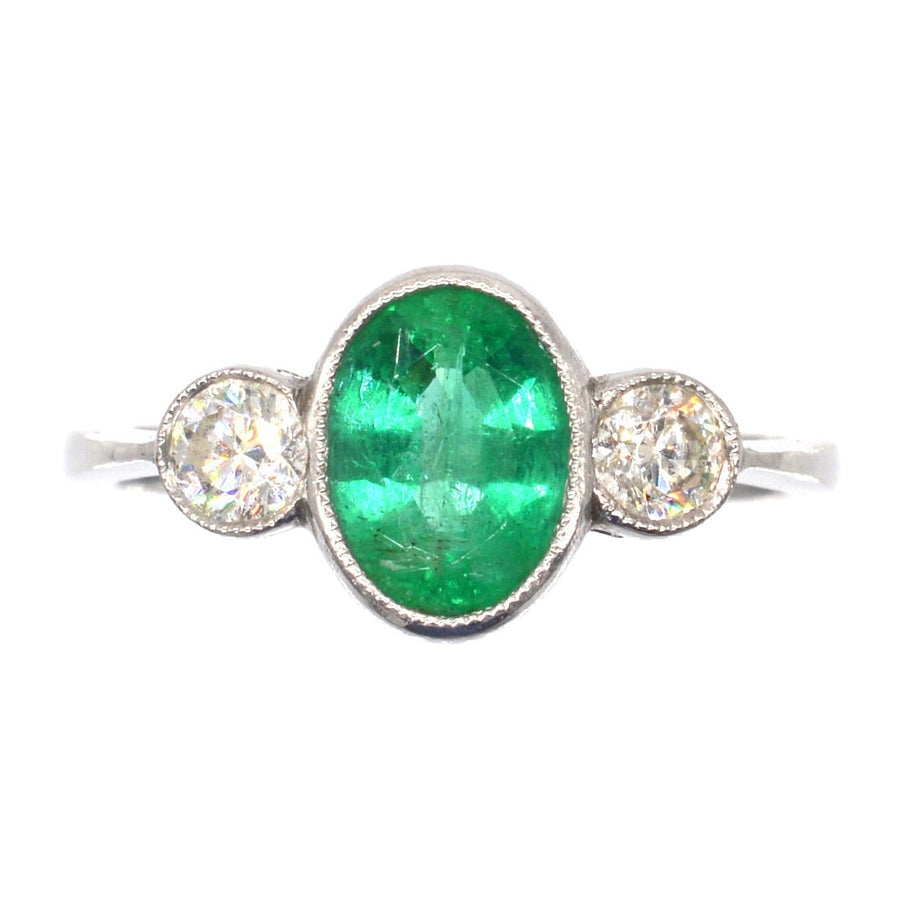 1950s Platinum, Emerald and Diamond Three Stone Bezel Ring | Parkin and Gerrish | Antique & Vintage Jewellery