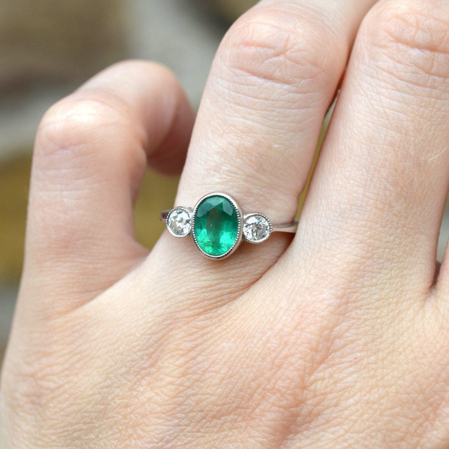 1950s Platinum, Emerald and Diamond Three Stone Bezel Ring | Parkin and Gerrish | Antique & Vintage Jewellery