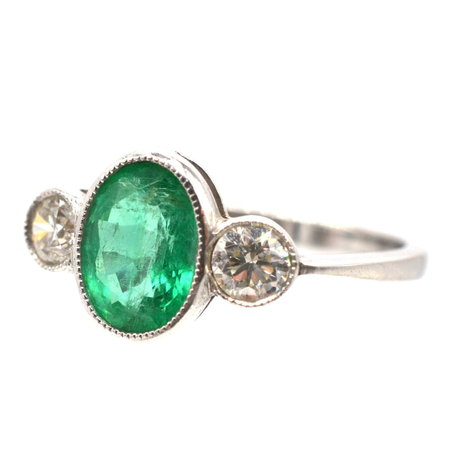 1950s Platinum, Emerald and Diamond Three Stone Bezel Ring | Parkin and Gerrish | Antique & Vintage Jewellery