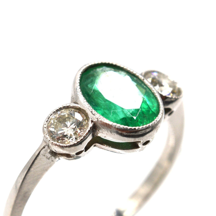 1950s Platinum, Emerald and Diamond Three Stone Bezel Ring | Parkin and Gerrish | Antique & Vintage Jewellery