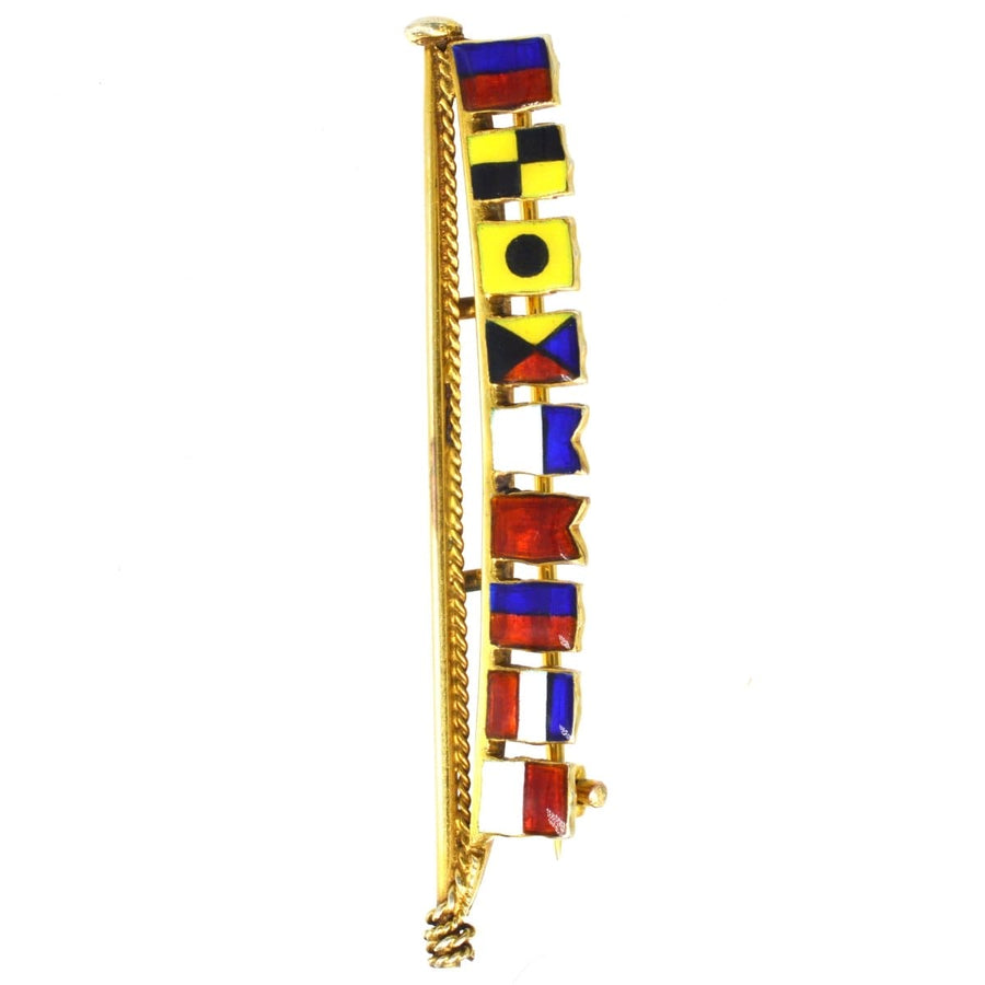 1970s vintage 9ct gold nautical signal flag brooch spelling Elizabeth in vibrant enamel colors.
