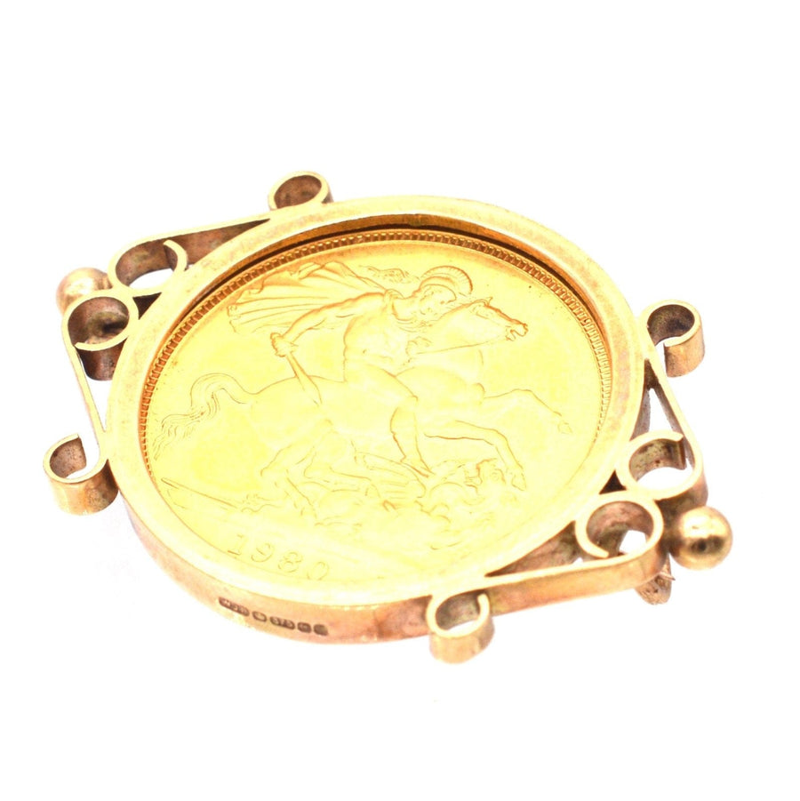 1980 22ct Gold Full Sovereign in a 9ct Gold Brooch Mount with Queen Elizabeth II George & the Dragon | Parkin and Gerrish | Antique & Vintage Jewellery