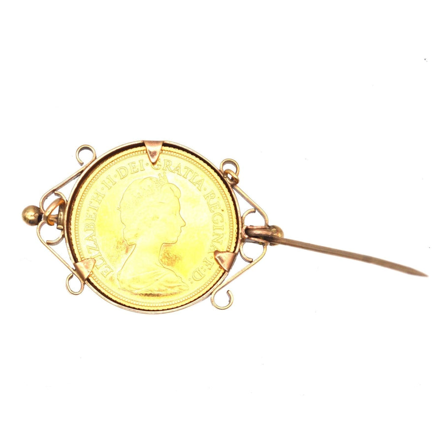 1980 22ct Gold Full Sovereign in a 9ct Gold Brooch Mount with Queen Elizabeth II George & the Dragon | Parkin and Gerrish | Antique & Vintage Jewellery