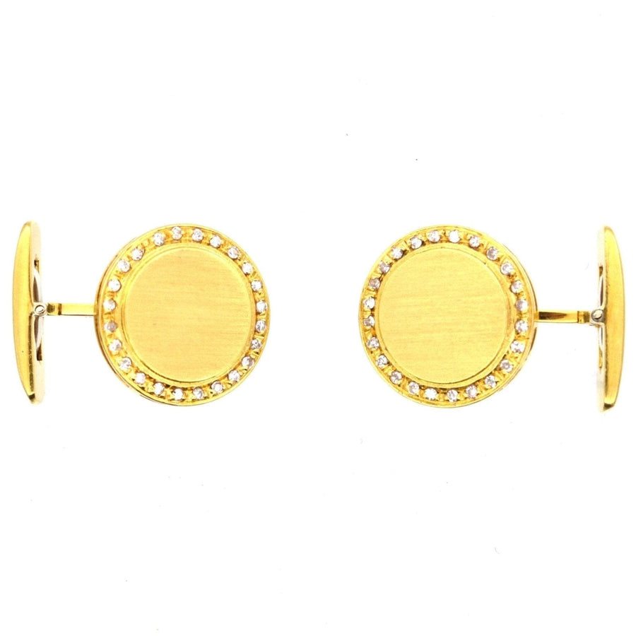 1980s 18ct gold and diamond round circle cufflinks with a bold design and brilliant cut diamond accents.