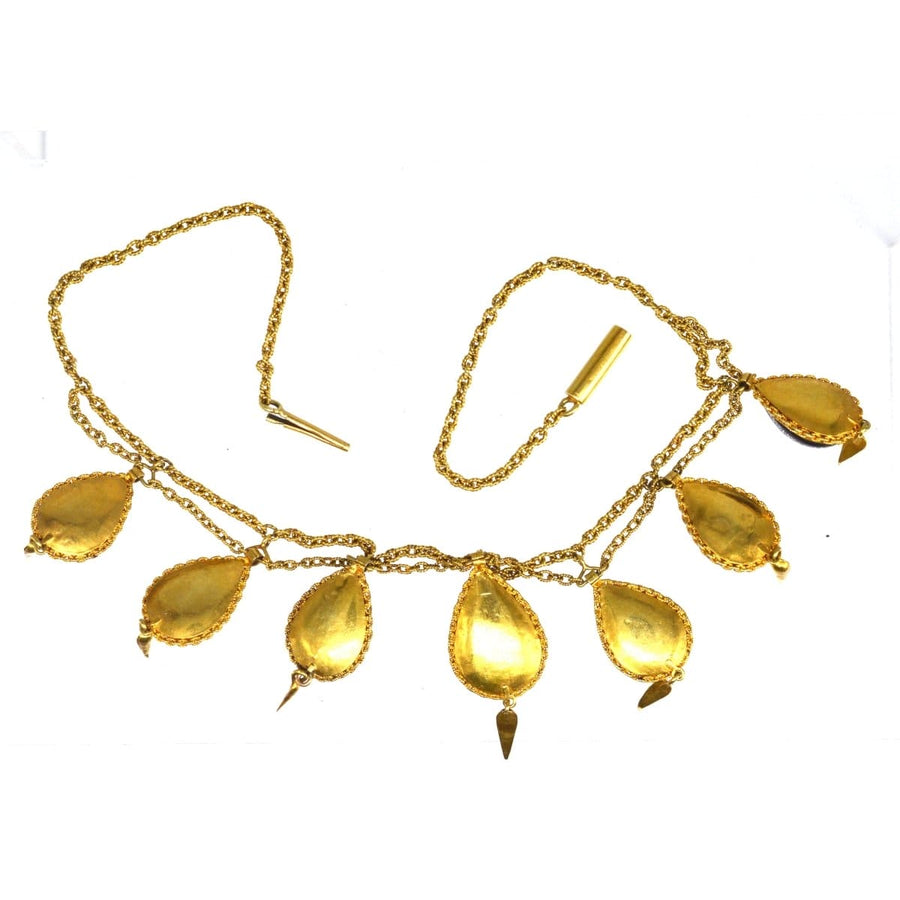 19th century 15ct gold swag chain necklace with teardrop garnets and seed pearls accent.