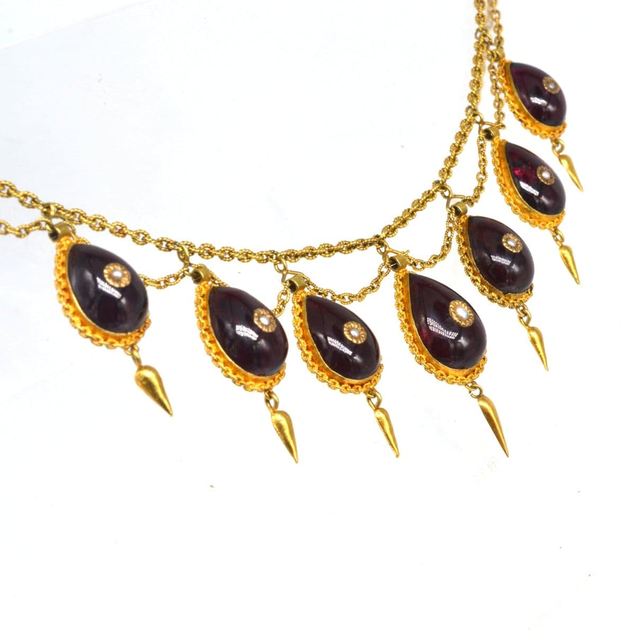 19th century 15ct gold swag chain necklace with cabochon garnets and seed pearls, circa 1870s.
