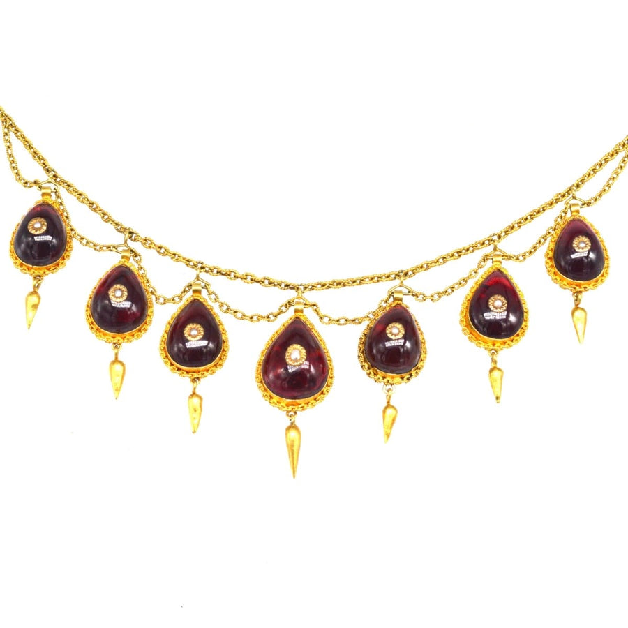 19th Century 15ct Gold necklace with cabochon garnets and seed pearl accents.