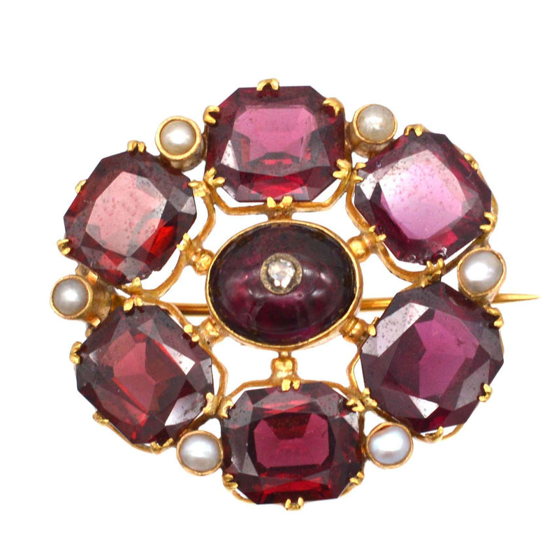 19th Century 18ct Gold Garnet, Pearl and Diamond Brooch