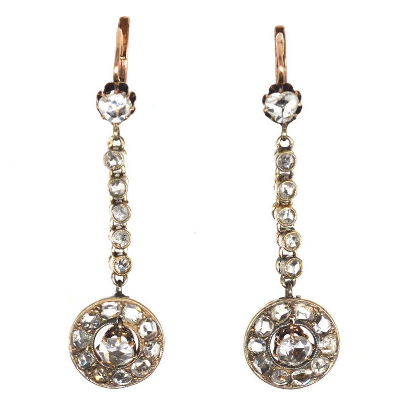 Boucles d'oreilles pendantes en or 18 carats et diamants taille rose, style français du XIXe siècle