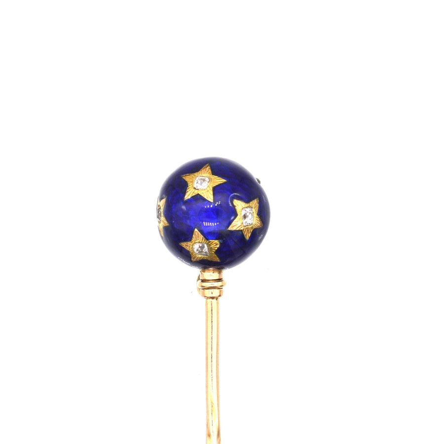 18ct gold tie pin with royal blue enamel and diamond-studded stars, a vintage 19th-century accessory.