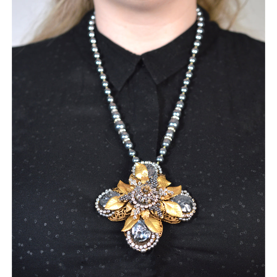 Mid Century Miriam Haskell Gold Gilt, "Black Pearl" and Rhinestone Necklace with a Cross Pendant