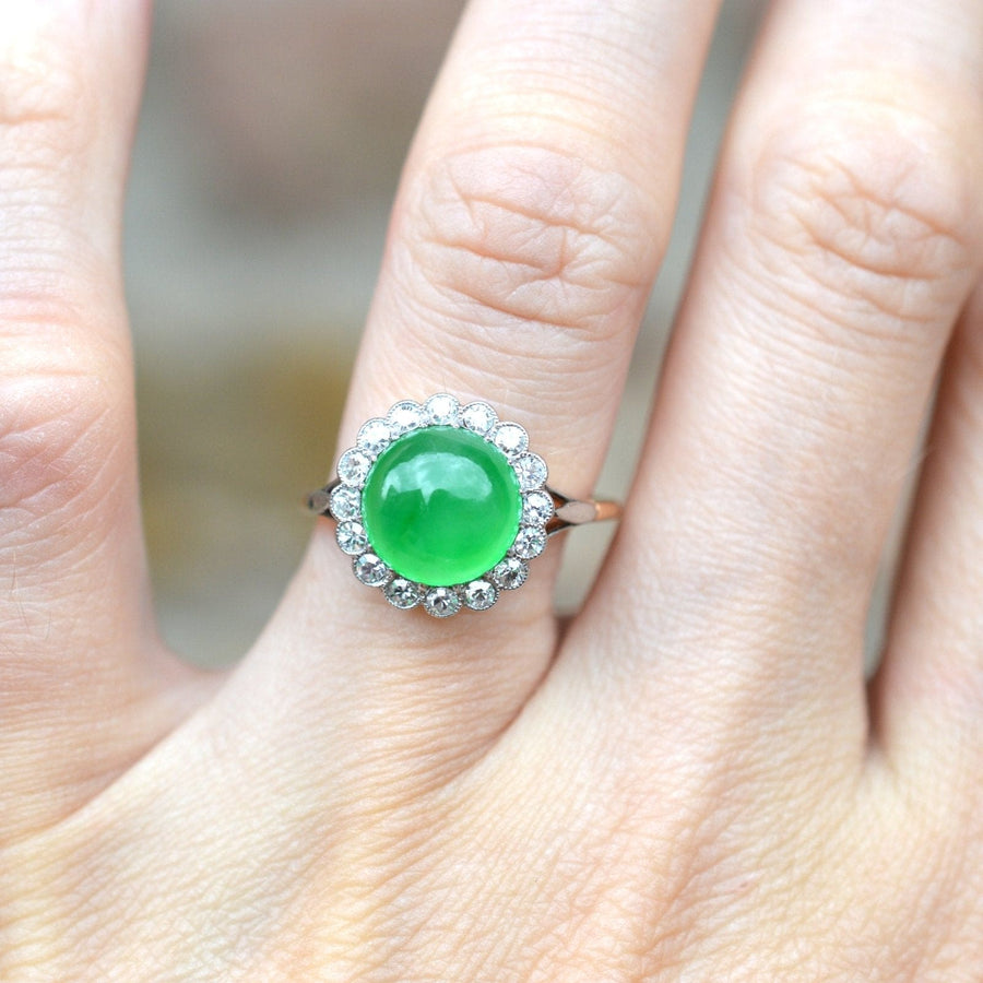 Art Deco 18ct Gold, Imperial Jade & Diamond Cluster Ring | Parkin and Gerrish | Antique & Vintage Jewellery