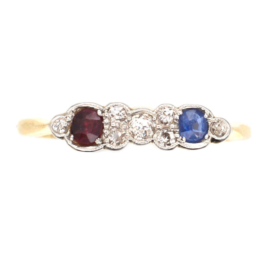 Art Deco 18ct Gold & Platinum, Diamond, Sapphire and Ruby Ring | Parkin and Gerrish | Antique & Vintage Jewellery