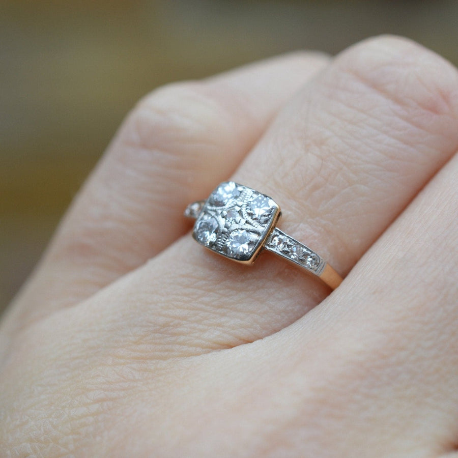 Art Deco 18ct Gold & Platinum Diamond Square Ring | Parkin and Gerrish | Antique & Vintage Jewellery