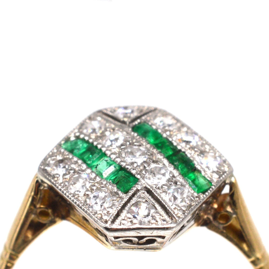 Art Deco 18ct gold and platinum hexagonal ring featuring emeralds and diamonds, ideal engagement ring.
