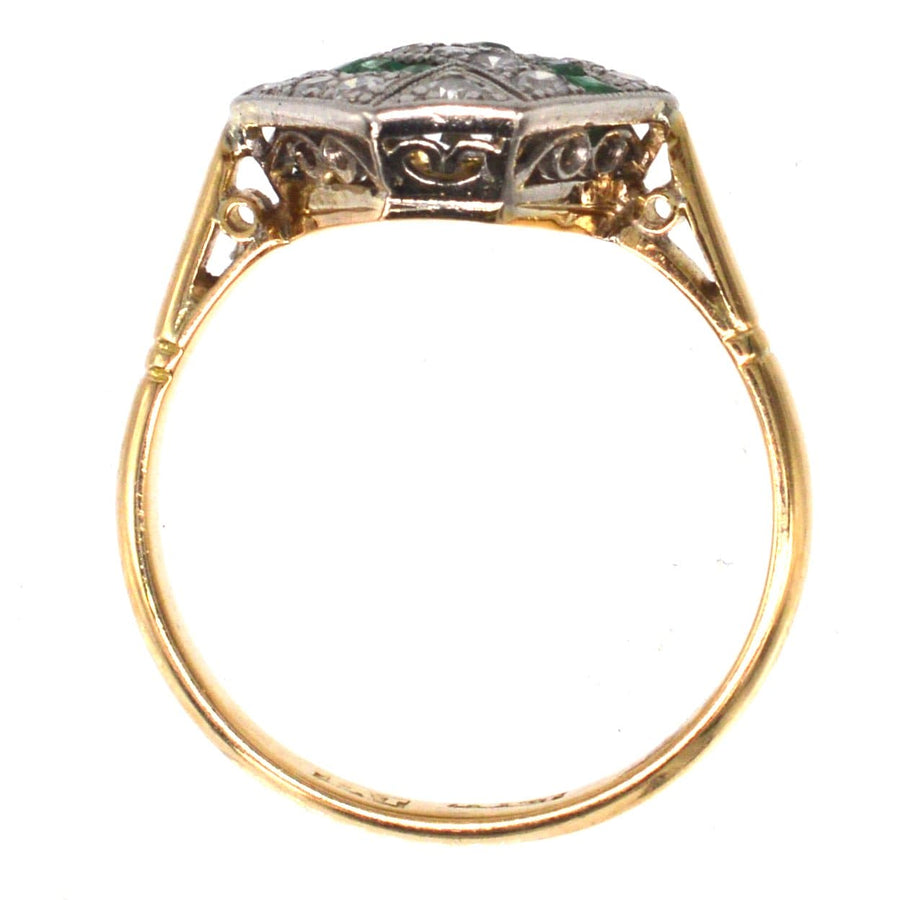 Art Deco 18ct Gold & Platinum ring featuring emeralds and diamonds, showcasing elegant hexagonal design.
