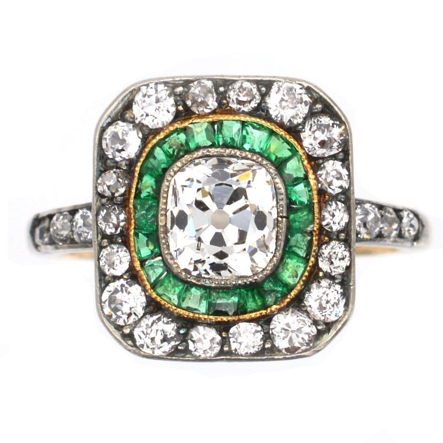 Art Deco 18ct Gold & Platinum, Emerald & Diamond Target Ring | Parkin and Gerrish | Antique & Vintage Jewellery