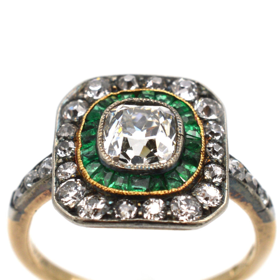 Art Deco 18ct Gold & Platinum, Emerald & Diamond Target Ring | Parkin and Gerrish | Antique & Vintage Jewellery