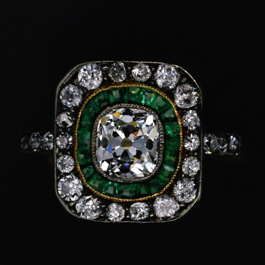 Art Deco 18ct Gold & Platinum, Emerald & Diamond Target Ring | Parkin and Gerrish | Antique & Vintage Jewellery