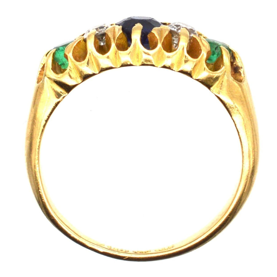 Art Deco 18ct Gold 'Tutti Frutti' Sapphire, Emerald and Diamond Five Stone Ring | Parkin and Gerrish | Antique & Vintage Jewellery