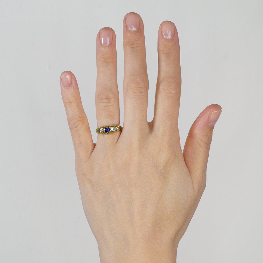 Art Deco 18ct Gold 'Tutti Frutti' Sapphire, Emerald and Diamond Five Stone Ring | Parkin and Gerrish | Antique & Vintage Jewellery