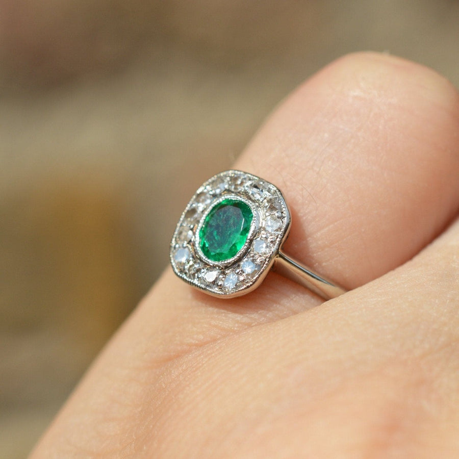 Art Deco 18ct White Gold Emerald and Diamond Cluster Ring | Parkin and Gerrish | Antique & Vintage Jewellery