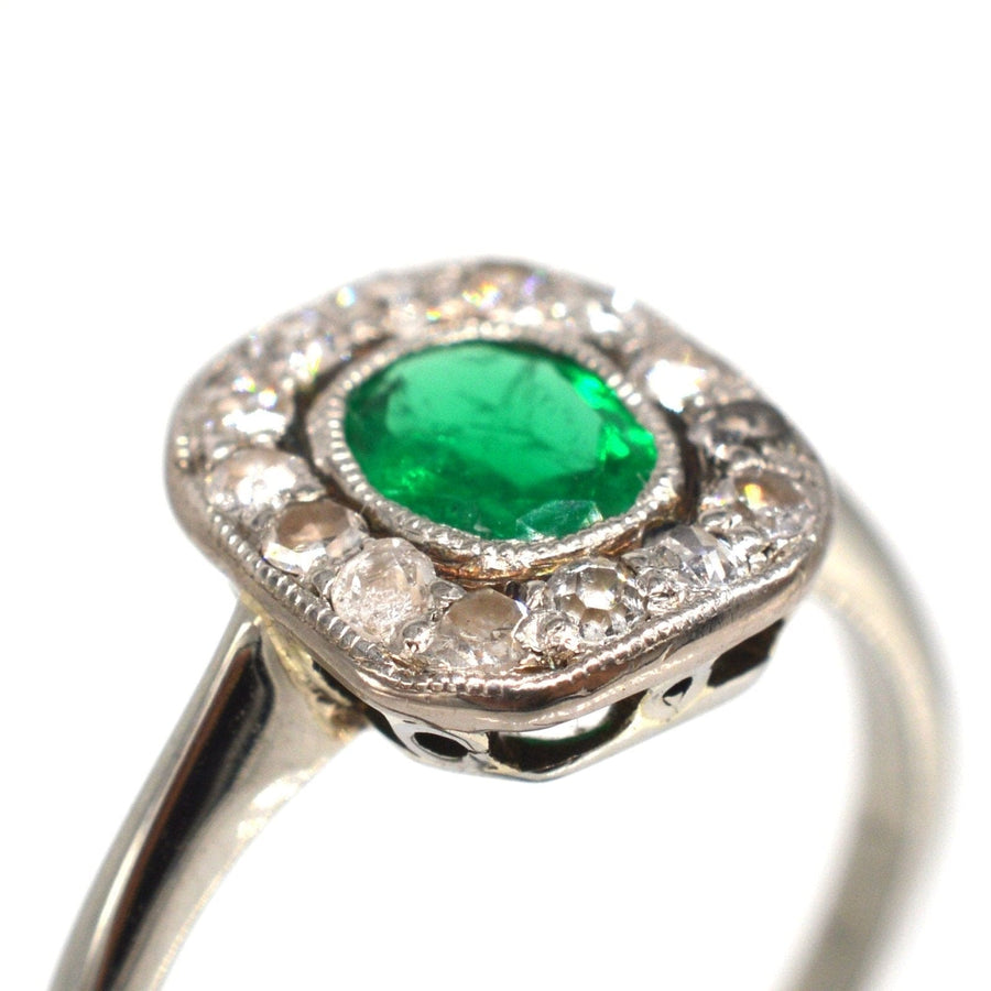 Art Deco 18ct White Gold Emerald and Diamond Cluster Ring | Parkin and Gerrish | Antique & Vintage Jewellery