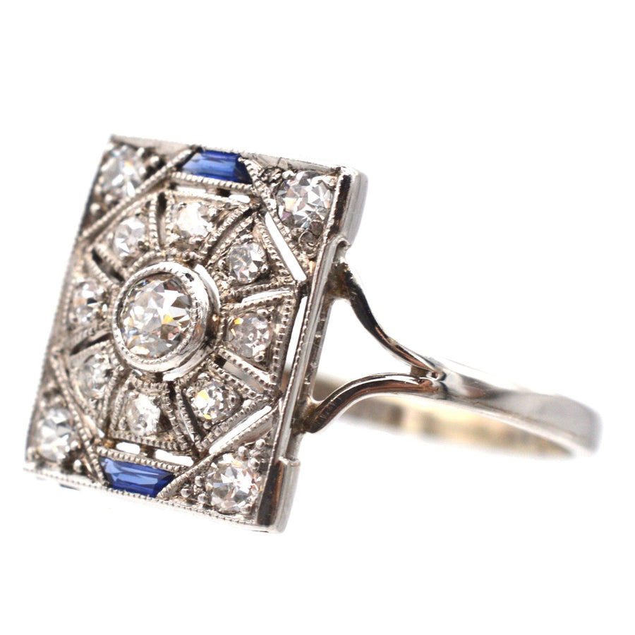 Art Deco 18ct White Gold & Platinum, Diamond & Sapphire Plaque Ring | Parkin and Gerrish | Antique & Vintage Jewellery