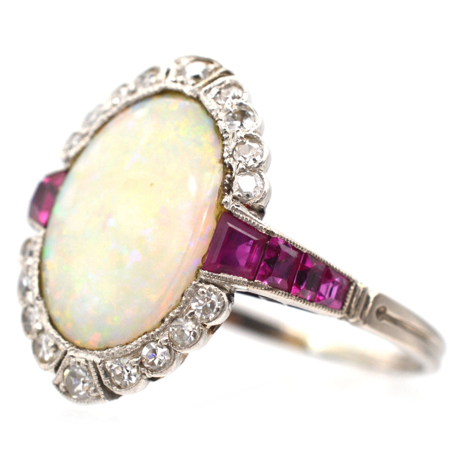 Art Deco 18ct White Gold & Platinum, Opal & Burma Ruby Ring | Parkin and Gerrish | Antique & Vintage Jewellery