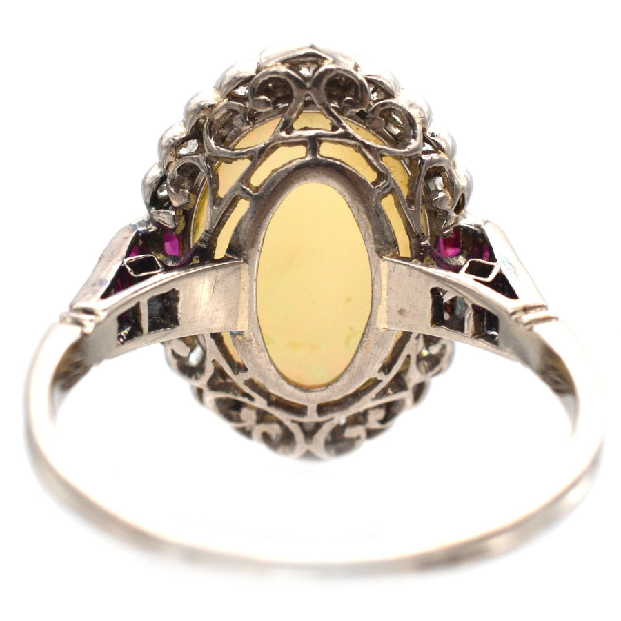 Art Deco 18ct White Gold & Platinum, Opal & Burma Ruby Ring | Parkin and Gerrish | Antique & Vintage Jewellery