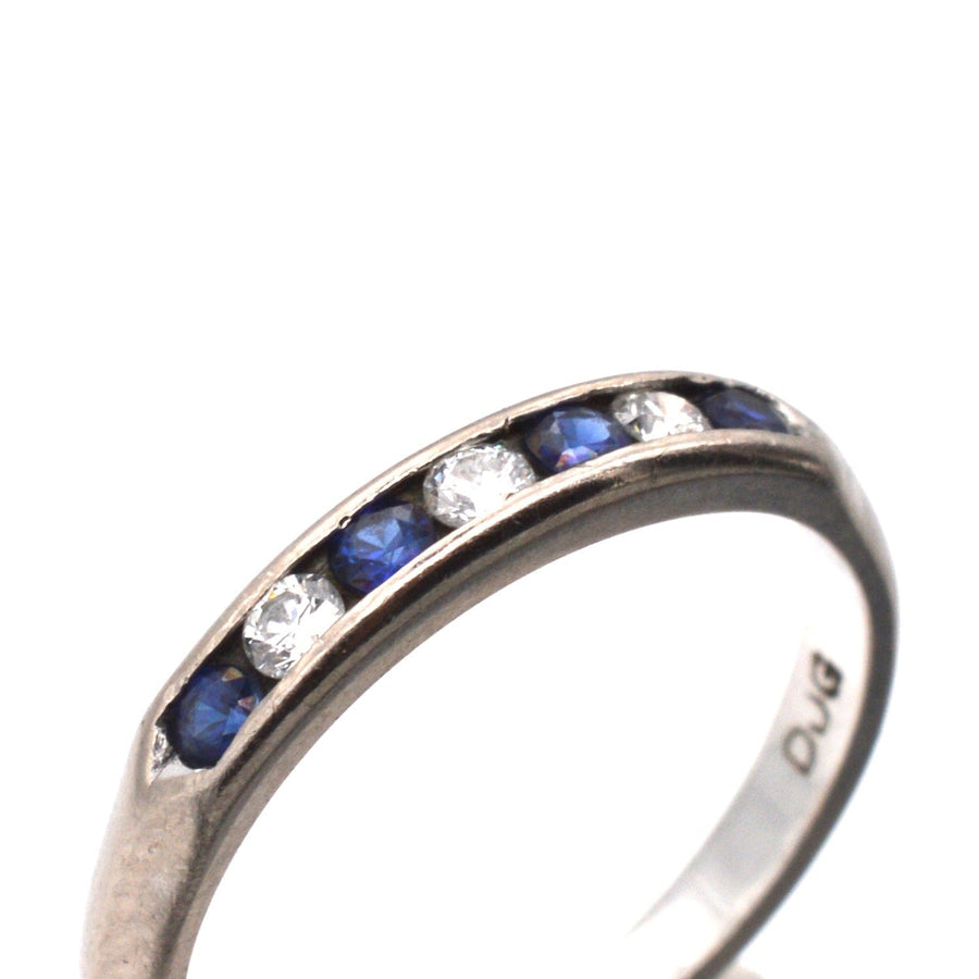 Vintage 18ct white gold half eternity ring with sapphires and diamonds, 1960s-1970s Deco style.