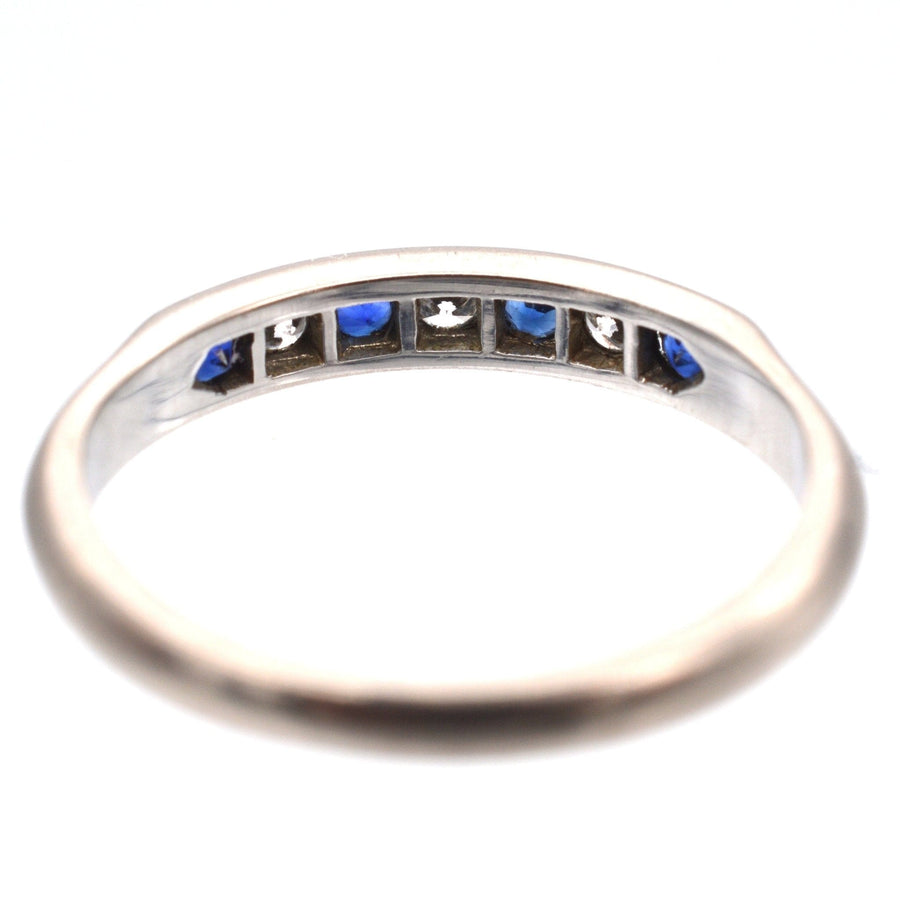 Vintage 18ct white gold half eternity ring with channel-set sapphires and diamonds, 1960s-1970s Deco style.