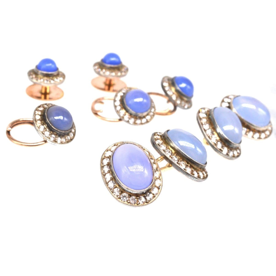 Art Deco 9ct Gold Blue Chalcedony and White Paste Dress Set | Parkin and Gerrish | Antique & Vintage Jewellery