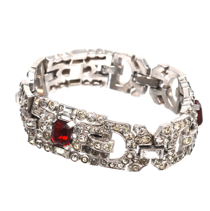 Art Deco Chrome White & Red Paste Bracelet