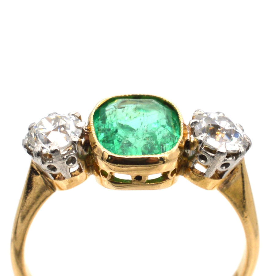 Art Deco Platinum & 18ct Gold Emerald & Diamond Three Stone Ring | Parkin and Gerrish | Antique & Vintage Jewellery