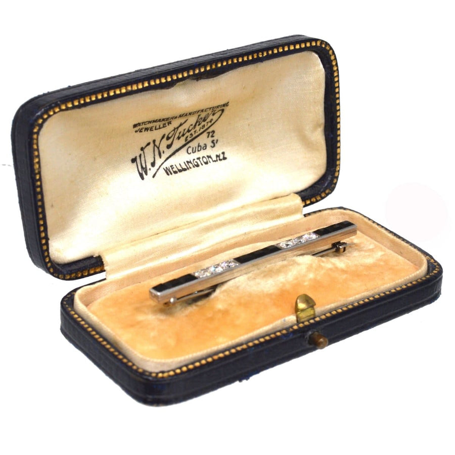 Art Deco platinum onyx bar brooch in original W.N. Tucker box from Wellington, New Zealand.