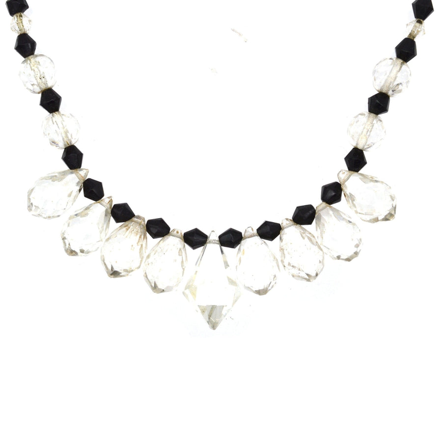 Art Deco silver black and white paste necklace with crystal and onyx beads, embodying elegance and jazz age style.