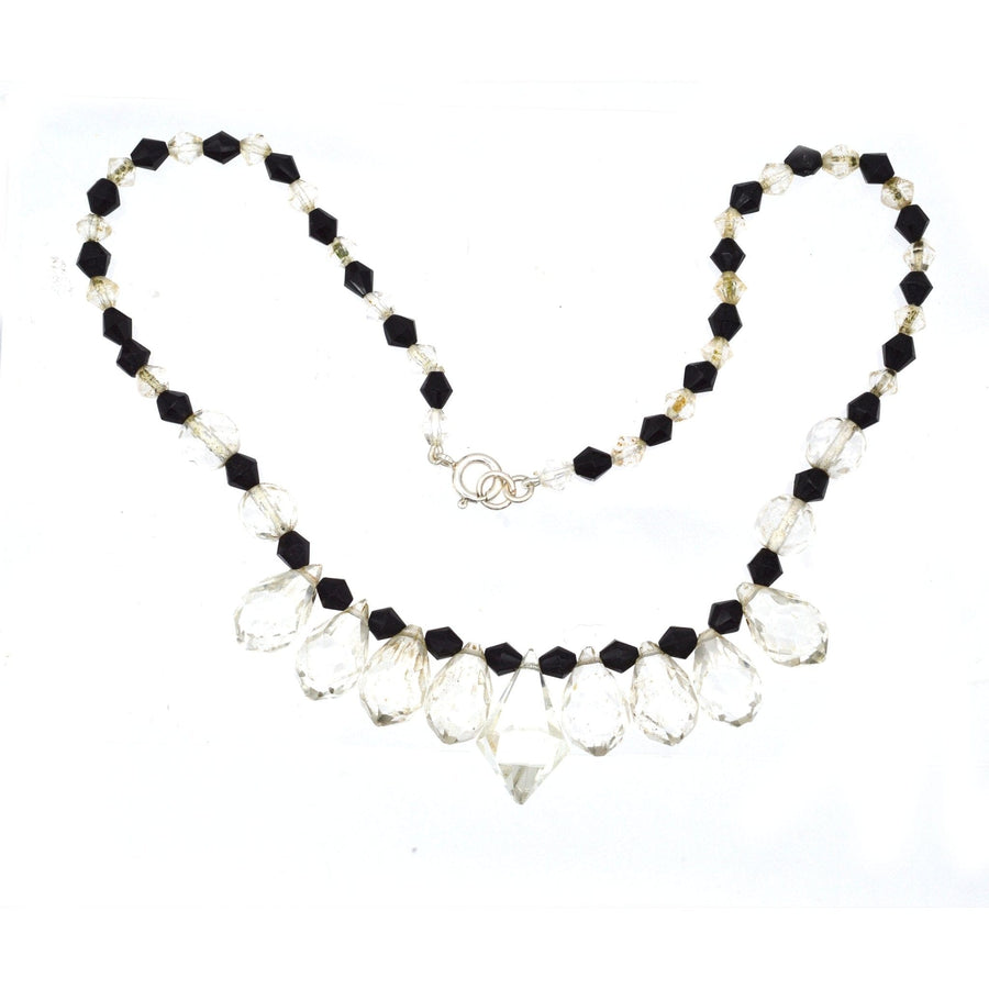 Art Deco silver black and white paste necklace featuring elegant crystal and black beads, perfect for dramatic occasions.
