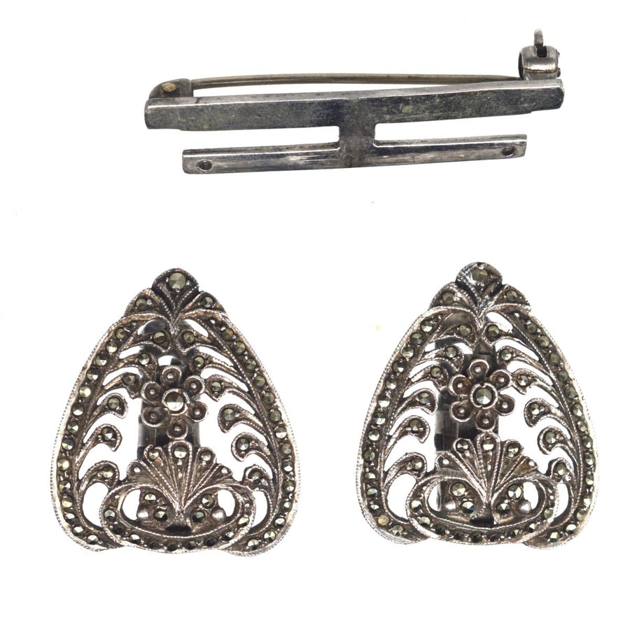 Art Deco Silver & Marcasite Double Clip Brooch