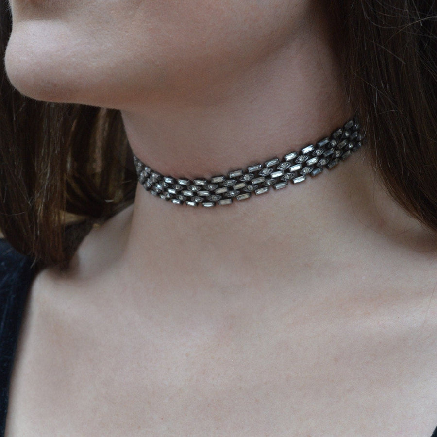 Art Deco silver paste choker necklace showcased on a model's neck, highlighting its elegant design and fit.