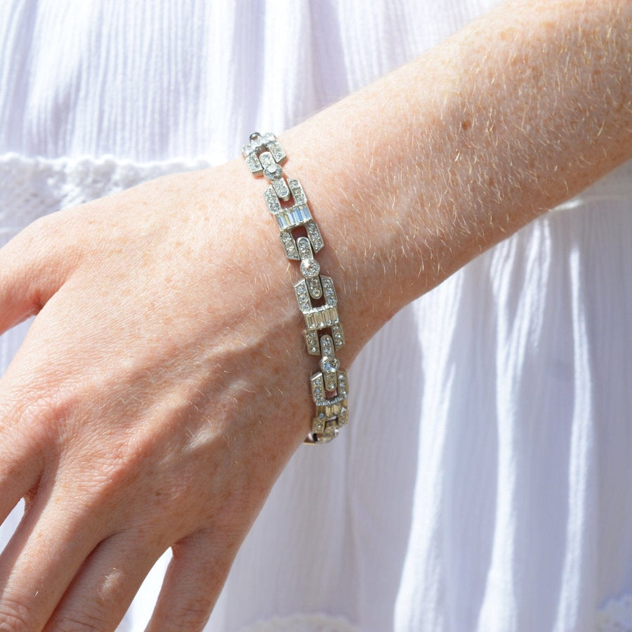 Edwardian silver-tone bracelet with sparkling white paste diamonds, perfect for travel or antique jewelry collection.