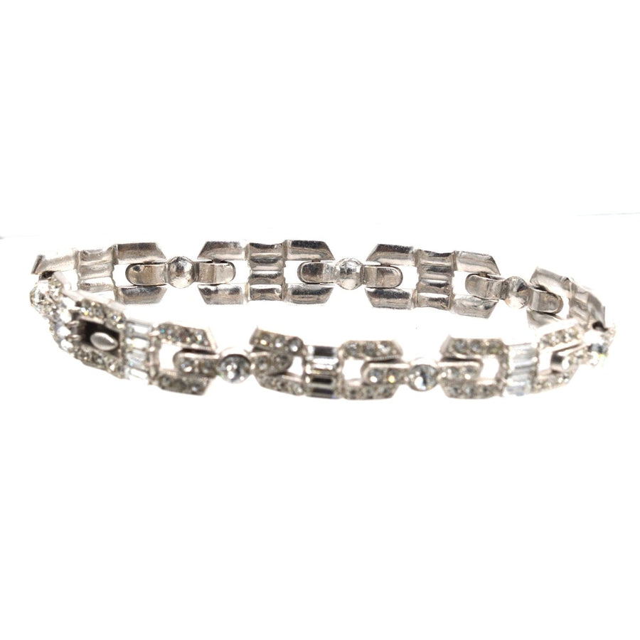 Edwardian silver-tone bracelet featuring sparkling white diamond paste stones, perfect for antique jewelry lovers.