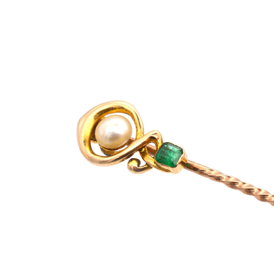 Art Nouveau 15ct Gold, Emerald & Pearl Tie Pin | Parkin and Gerrish | Antique & Vintage Jewellery