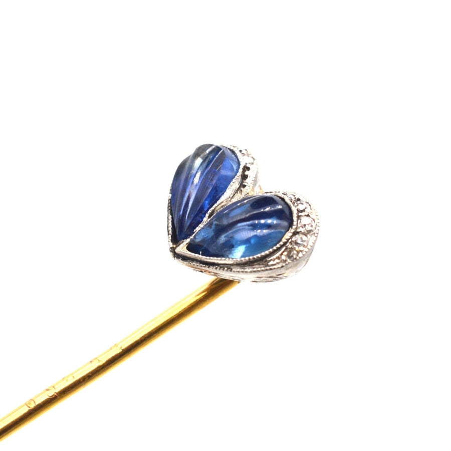Belle Époque heart tie pin featuring carved sapphires and diamond accents, perfect for ties or lapels.
