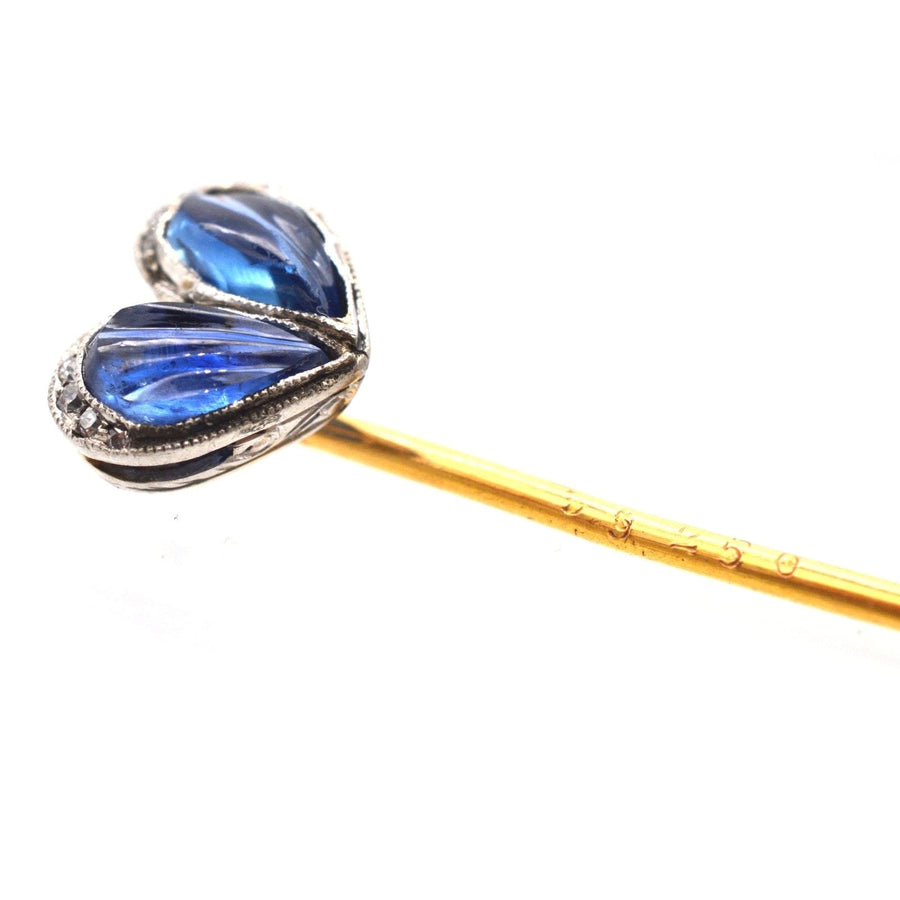 Belle Époque heart tie pin featuring carved sapphires and diamond accents, perfect for ties or lapels.