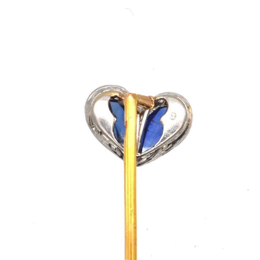 Belle Époque heart tie pin featuring carved sapphires and diamonds, perfect for enhancing ties or lapels.