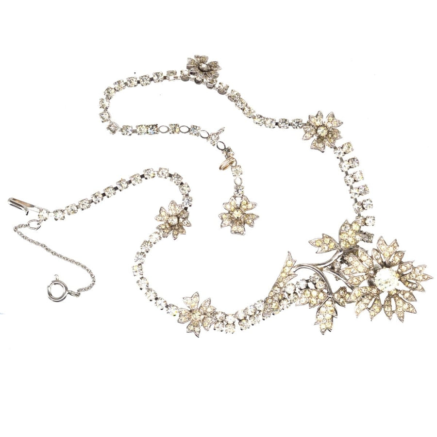 Christian Dior 1950s necklace by Mitchel Maer, featuring 'En Tremblant' flower design with white paste stones.