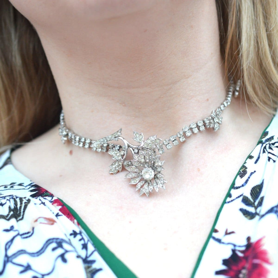 Christian Dior 1950s 'En Tremblant' necklace with flower design and white paste stones, perfect for collectors.