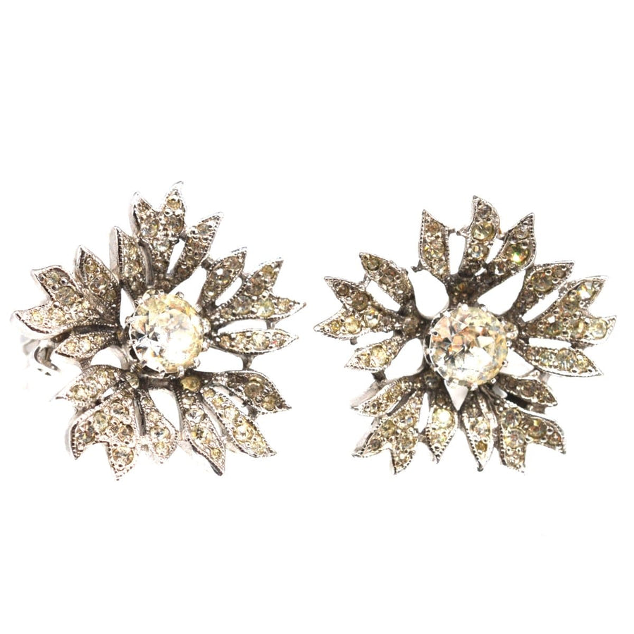1950s Christian Dior floral earrings by Mitchel Maer with sparkling white paste stones in antique style.